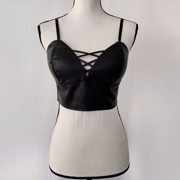 Like an Angel Black Vegan Leather Bustier Crop Top - Picture 1 of 11